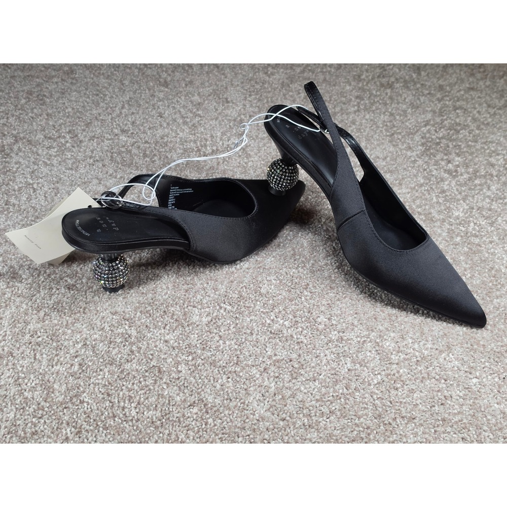A New Day Simone Black Satin Slingback Orb Rhinestone Heel Pumps Mens 7 - Picture 3 of 6